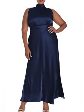 5XL Navy Satin Maxi Dress Mock Neck Sleeveless Formal Elegant NWT